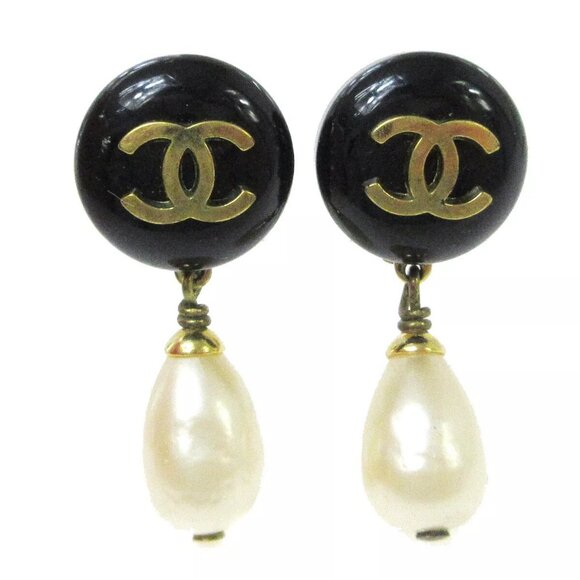Chanel Artificial Pearl Dangle Earrings Clip-On Black White 94A 03712 - Picture 1 of 4